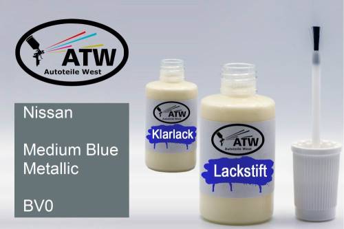 Nissan, Medium Blue Metallic, BV0: 20ml Lackstift + 20ml Klarlack - Set, von ATW Autoteile West.